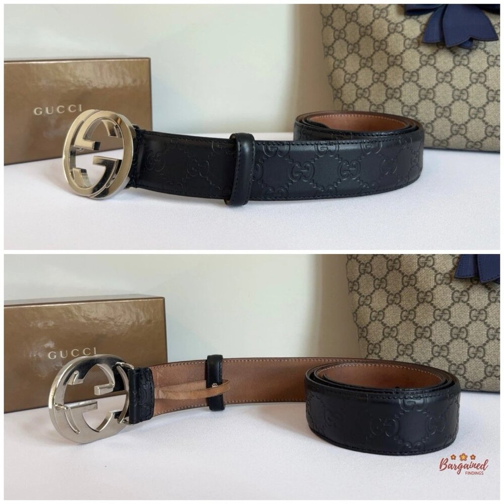 Auth Gucci Black Guccissima Leather Silver Interlocking G Buckle Belt 95/38 - Picture 6 of 13